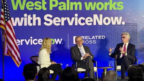 Left to Right: Kelly Smallridge, President and CEO at the helm of Palm Beach County's Business Development Board; Steven Ross, owner of the Miami Dolphins and Related Ross; Bill McDermott, CEO of ServiceNow. 