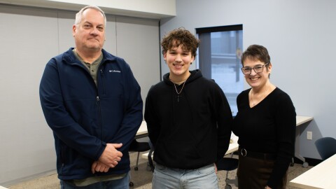Brian Gall, Electrical Instructor, West Michigan Construction Institute and Bryer Armstrong, 12th grade, Kent City High School, and host Joy Walczak