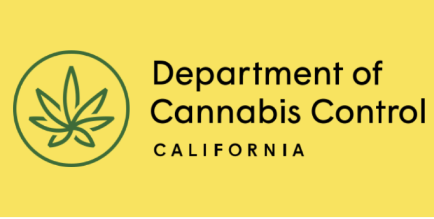 A yellow logo for the California Dept of Cannabis Control, featuring a stylized drawing of a cannabis leaf.