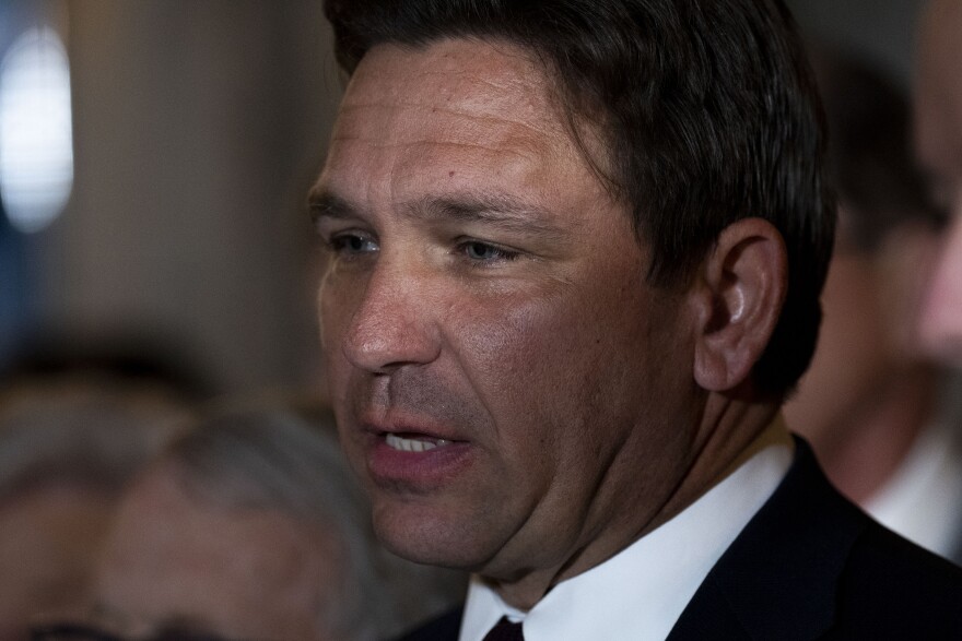 FILE: Florida Gov. Ron DeSantis speaks to reporters in Palm Beach, Fla., Jan. 9, 2025. DeSantis said on Monday, Dec. 8, that he signed an executive order declaring the Council on American-Islamic Relations, one of the nationÕs largest Muslim advocacy and civil rights groups, a foreign terrorist organization.