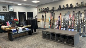 Ski and snowboarding apparel displayed inside the shop.