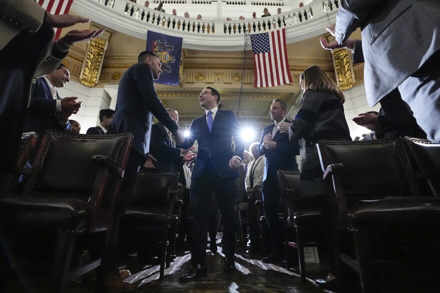 Gov. Josh Shapiro arrives to deliver his budget address for the 2024-25 fiscal year to a joint session of the Pennsylvania House and Senate in the Rotunda of the state Capitol in Harrisburg, Pa., Wednesday, Feb. 6, 2024.