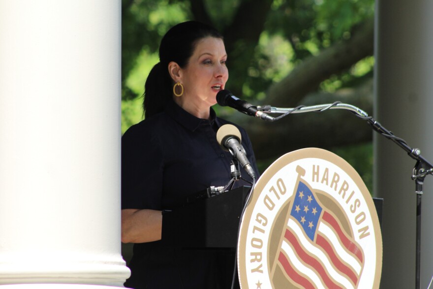 Indiana First Lady Janet Holcomb speaks at the dedication for the renovated Benjamin Harrison Presidential Site
