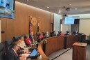 Eleven people sit at a elevated dais. Five are white women, four are white men, and two are Black women. The American and Missouri flags are visible behind them, flanking the seal of St. Louis County.