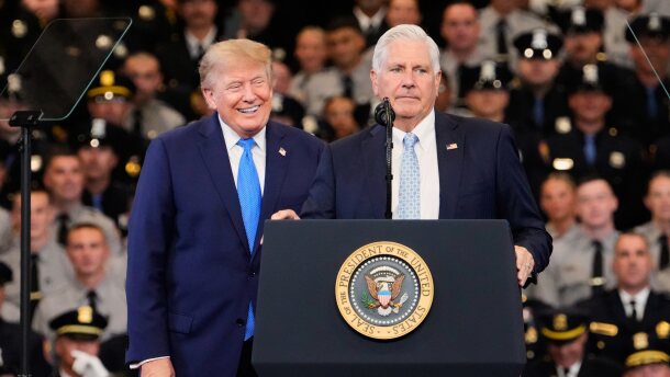 Bruce Blakeman, executive of Nassau County and Republican gubernatorial candidate for New York, speaks while President Donald Trump listens at the David Mack Center for Training and Intelligence, on Friday, Aug. 14, 2026, in Garden City, N.Y.