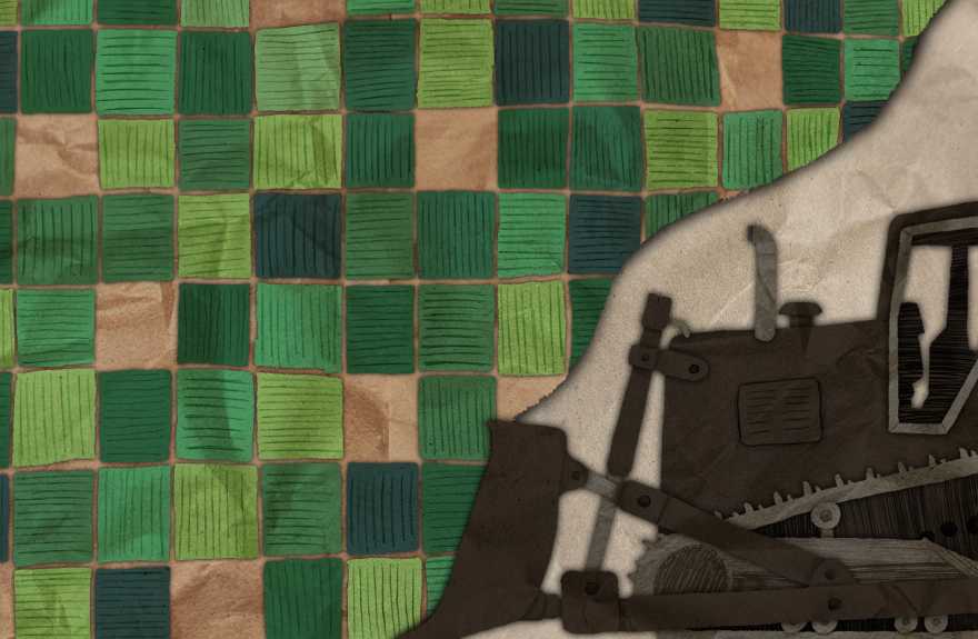 An illustration of a gray and black bulldozer. The equipment is coming into the frame from the right. The rest of the illustration is a drawn bird's eye field of farm fields. The bulldozer is pushing the quilt of farmland. 