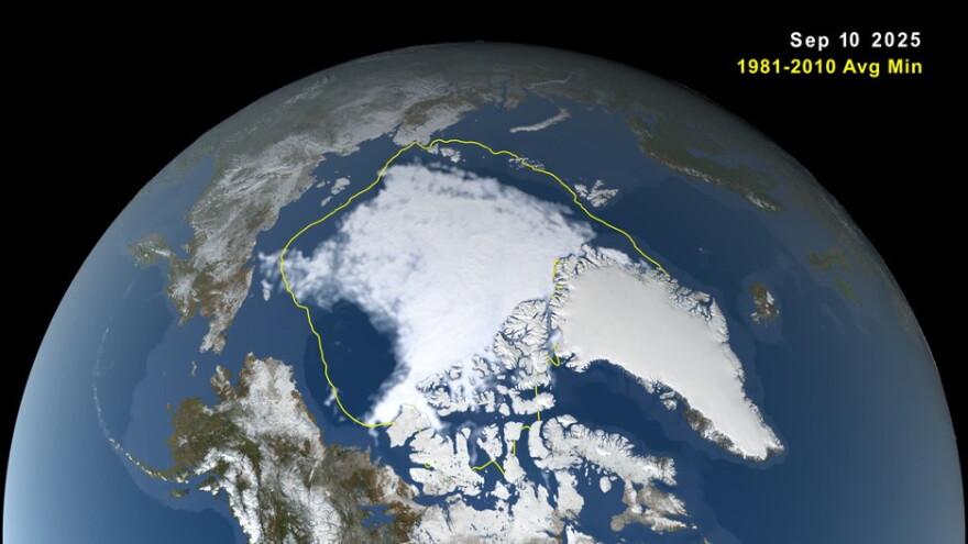 A map compares Arctic sea ice at its 2025 minimum with the average minimum extent from 1981 to 2010, shown by the yellow line.