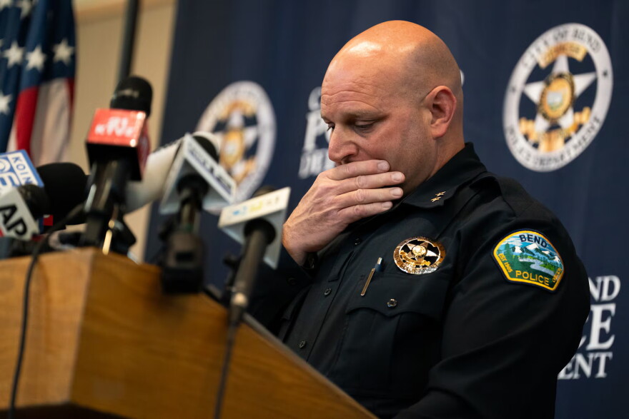 Bend Police Chief Mike Krantz gets emotional while speaking during a press conference at Bend Municipal Court, on Oct. 15.