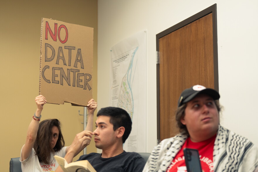 Community members protest the construction of a data center near the Armory during a virtual meeting of the St. Louis Board of Public Service at City Hall on April 21 in downtown St. Louis.
