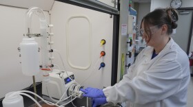 A woman in white lab coat and blue gloves works with scientific equipment in a fume hood-type compartment