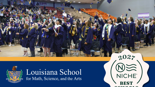 Photographed graduation with students throwing their caps and LSMSA reads in bold letters across the bottom
