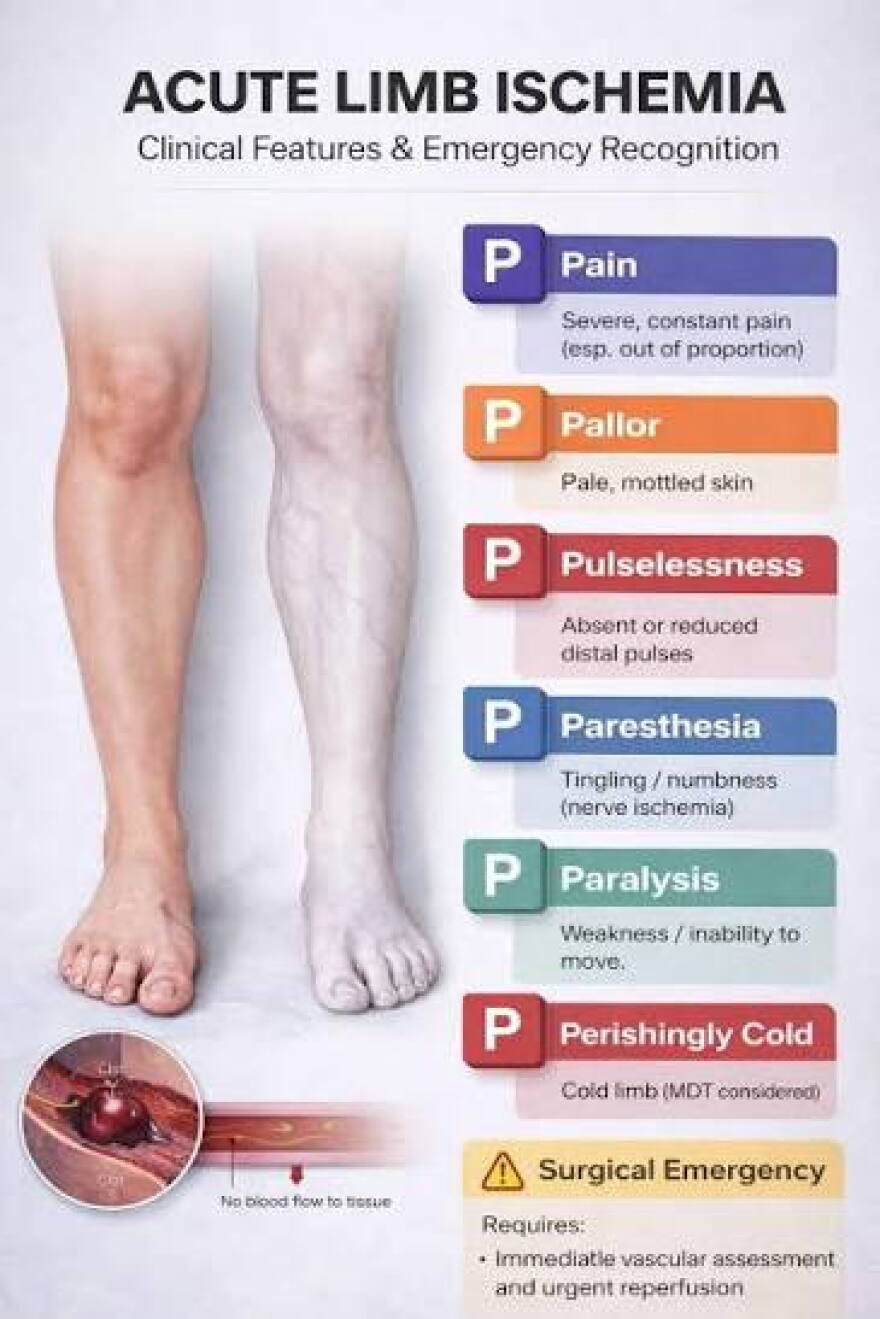 Infographic titled "Acute Limb Ischemia: Clinical Features & Emergency Recognition," showing two bare legs, one with normal skin tone and one pale, beside a list of the six Ps of warning signs: pain, pallor, pulselessness, paresthesia, paralysis, and perishingly cold.