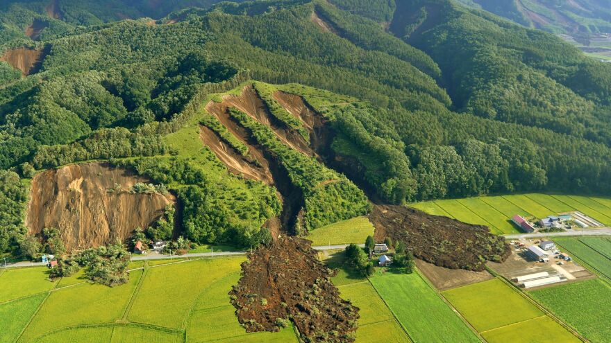 A landslide in Atsuma town, Hokkaido prefecture, caused by the powerful earthquake that hit the Japanese island of Hokkaido.