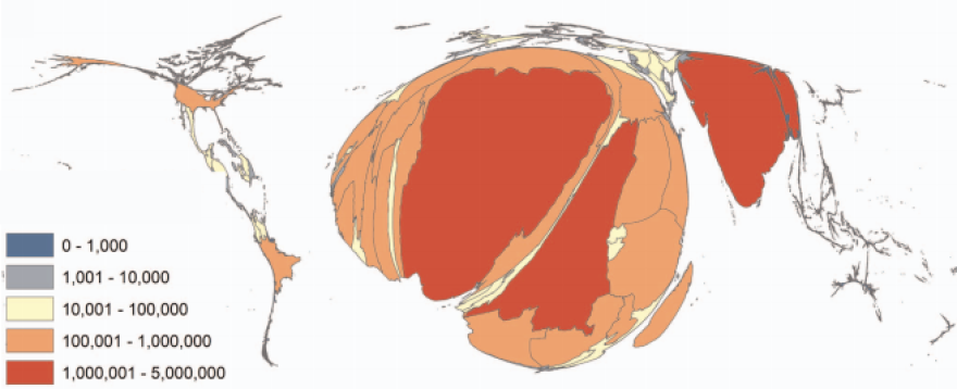 A world map with each country's size based on the predicted number of babies born with sickle cell anemia between 2010 and 2050. The highest rates are expected in sub-Saharan Africa and India.