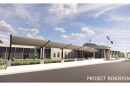 Awning and main entrance view of proposed justice center building.