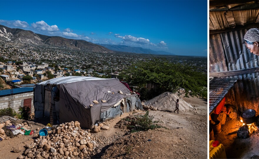 Elizabonne Casseus built this shelter (left) using surplus USAID tarps she purchased. She prepares a pot of beans for the more than a dozen people who stay in this shelter.