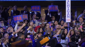 Michigan delegates are seen during roll call of the state at the Democratic National Convention Tuesday, Aug. 20, 2024, in Chicago.