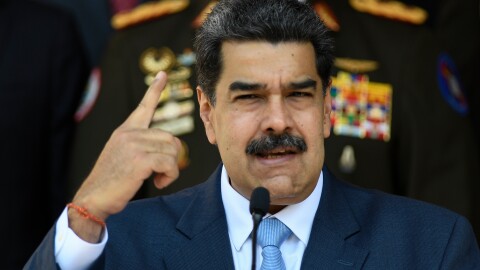 FILE - In this March 12, 2020, file photo, Venezuelan President Nicolas Maduro gives a press conference at the Miraflores presidential palace in Caracas, Venezuela. (AP Photo/Matias Delacroix, File)
