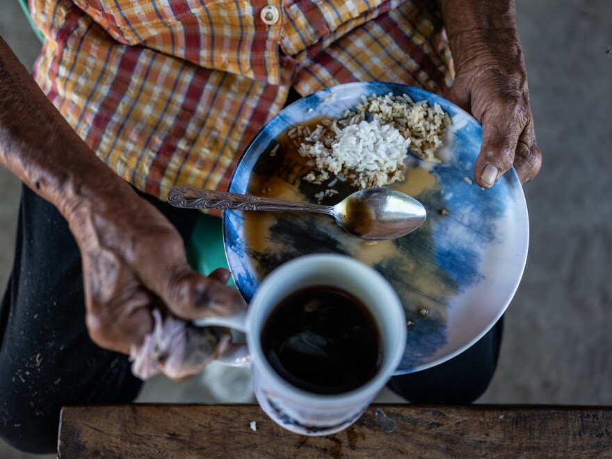 Hernandez eats rice with a little coffee poured on top for her meal. She calls it "survival food."