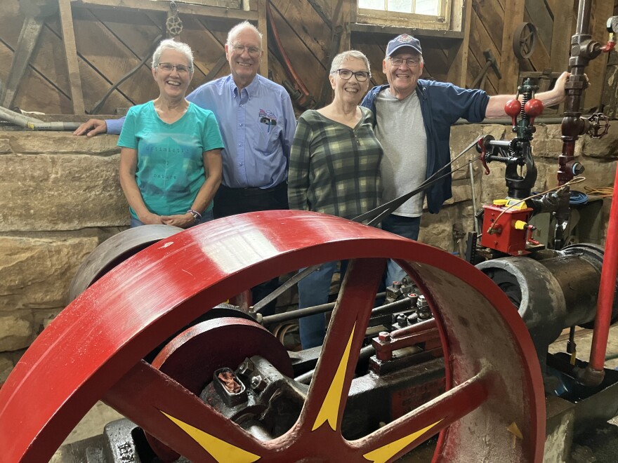 Mary Terry, Steve Short, Betty Manning and Dan Manning pose for a photo at the 141-year-old Wommack Mill in Fair Grove, Missouri on September 12, 2024.