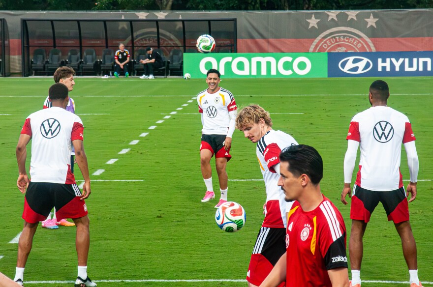 The German Men's National Soccer Team practicing drills.