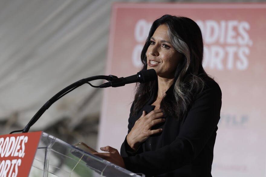 Former U.S. Rep. Tulsi Gabbard, D-Hawaii, speaks at an "Our Bodies, Our Sports" rally to mark the 50th anniversary of Title IX at Freedom Plaza in Washington, D.C., on June 23, 2022.