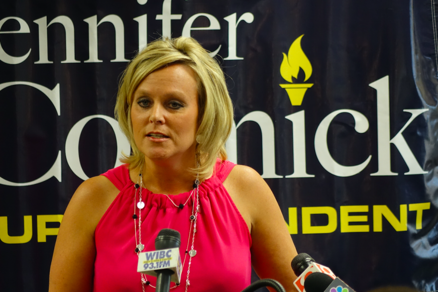 Yorktown Superintendent Jennifer McCormick and GOP state superintendent candidate talks on Sept. 21, 2016 at the Old National Building in Indianapolis.