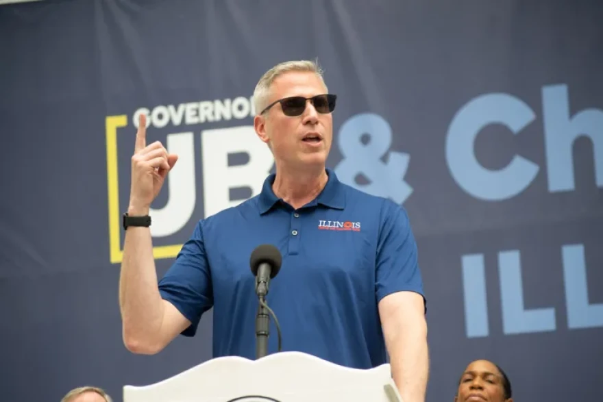 Illinois Treasurer Mike Frerichs speaks at Governor’s Day at the Illinois State Fair in August 2026.
