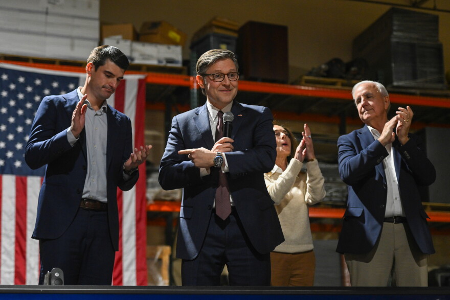 U.S. House Speaker Mike Johnson praises U.S. Republican Rob Bresnahan for doing his job "very, very well" during a  rally for Bresnahan's reelection campaign at DeAngelo Contracting Services in Hazleton. 