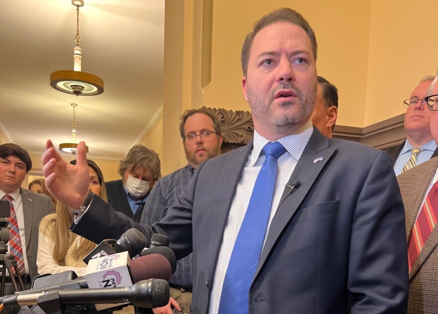 State Senate Republican Minority Leader Robert Ortt speaks to the media on Wednesday, Feb. 15, 2023, after the Senate voted to reject Gov. Kathy Hochul's nomination of Hector J. LaSalle to chief justice of the New York State Court of Appeals. Ortt says the lawsuit over LaSalle's nomination will continue.