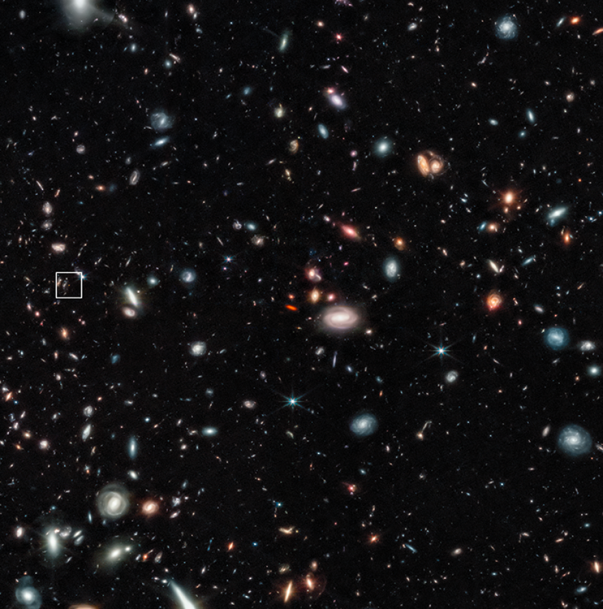 The small red dot highlighted inside the white box on this James Webb Space Telescope image is an early galaxy, seen as it looked just 350 million years after the Big Bang.