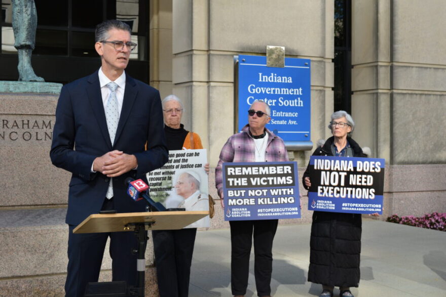 Attorney Joseph Perkovich speaks outside the Indiana Government Center in Indianapolis on Oct. 19, 2026, after the morning session of death row inmate Jeffrey Weisheit’s clemency hearing. He urged officials to consider Weisheit’s mental illness and brain injuries in deciding whether to spare his life.