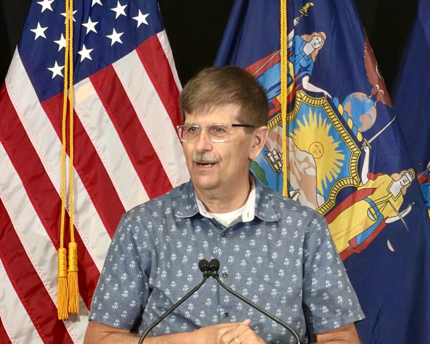 Hamburg Mayor Tom Tallman speaks at a press event hosted by Governor Kathy Hochul in Buffalo, New York on June 12, 2026.