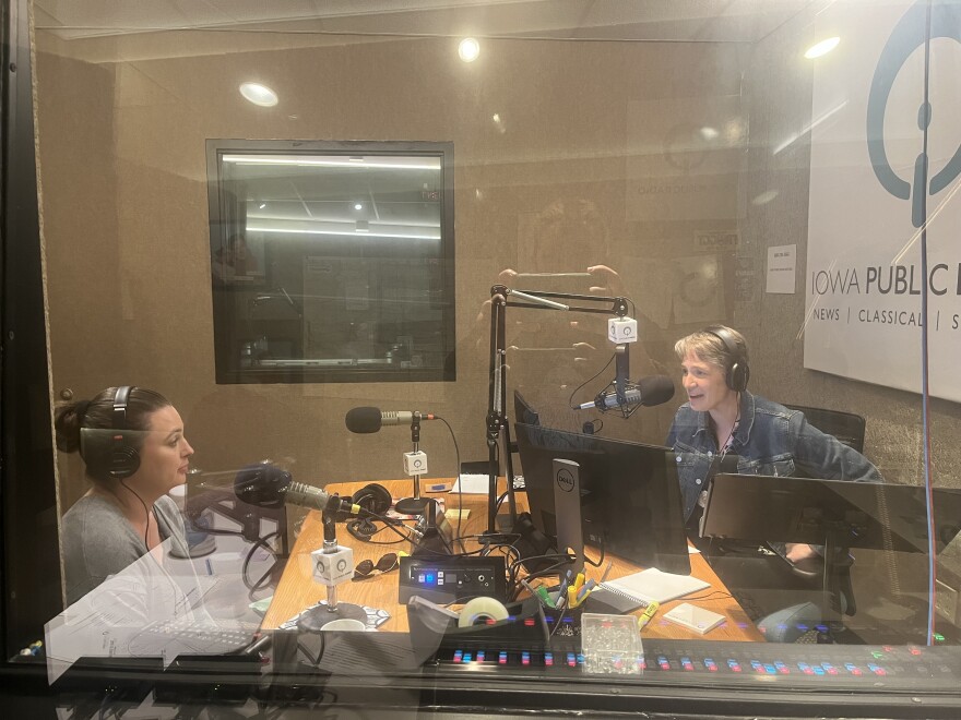 Charity Nebbe and Farm to Film Fest co-chair Sarah Grunewaldt talking to each other in IPR's Iowa City studios. 