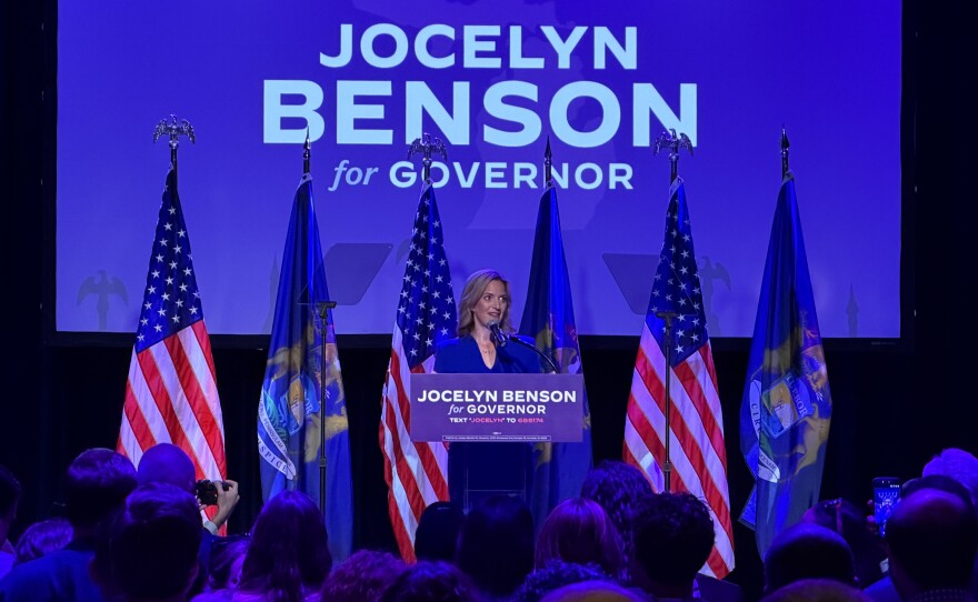 Michigan Secretary of State Jocelyn Benson celebrates her victory in the Democratic gubernatorial primary on August 4, 2026.