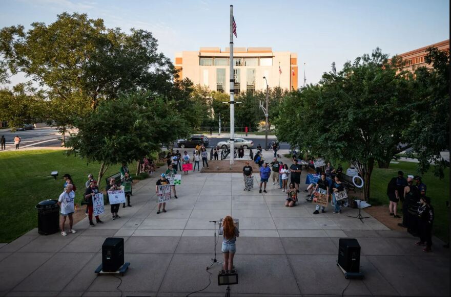  Holly Hart, 22, bottom, speaks during a Women’s Wave protest hosted by Bans Off Our Bodies Fort Worth, on Saturday, Oct. 8, 2022, outside of the Tarrant County Courthouse in downtown Fort Worth. 