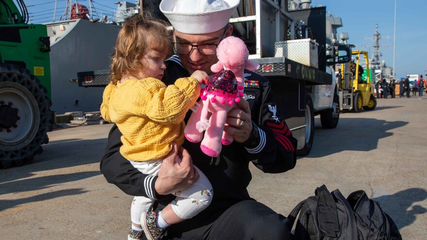 Sailors assigned to the USS Nitze greet their families after returning to Norfolk. April 5, 2023. Department of Defense