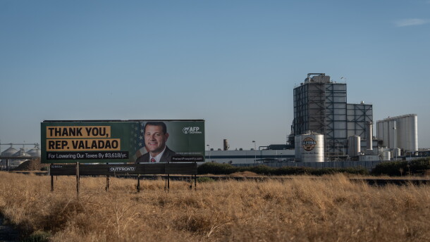 A billboard thanking U.S. Rep. David Valadao, R-Calif., stands near a dairy facility in Pixley, Calif., Friday, Aug. 21, 2026.