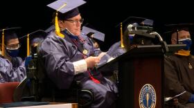 Parker Timberman speaks to his fellow graduates on Dec. 4 for mid-year commencement, during the first in-person ceremony from the school since Fall 2019.