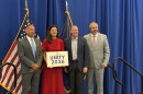 GOP candidates Anthony DiLorenzo, Gov. Kelly Ayotte, and John E. Sununu pose with RNC Chairman Joe Gruters at Unity Breakfast in Concord, Monday.
