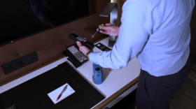 Man uses Charm Sciences device to swab tv remote in hotel room for cleanliness testing (AAA/ AAA)