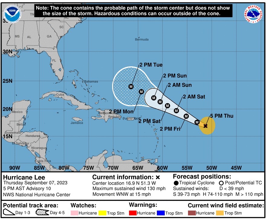 NHC 5 p.m. Thursday Lee Is Now a Category 4 Hurricane; Forecast Track