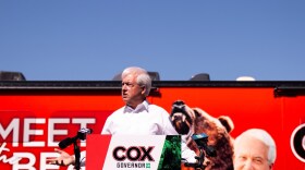 John Cox, Republican gubernatorial candidate in California, launched his official campaign bus tour for the upcoming recall election as an actor bear named Tag walked around behind him at Miller Regional Park in Sacramento on May 4, 2021.