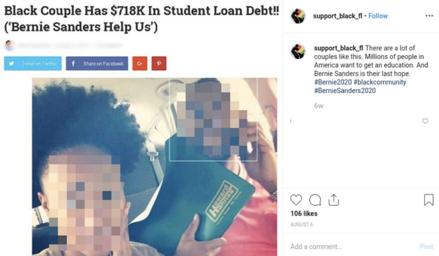 A 2019 report from the social media analytics firm Graphika showed screenshots of suspended Instagram accounts. One, which praised Sanders, reads: "Millions of people in America want to get an education. And Bernie Sanders is their last hope."