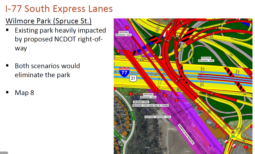 Mecklenburg County said Wilmore Park would be eliminated if the Interstate 77 toll lanes are built.