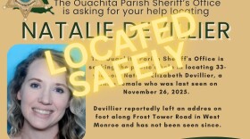A missing person notice from the Ouachita Parish Sheriff’s Office with a photo of a smiling woman with light skin and shoulder-length blonde hair. Large yellow text across the flyer reads “Located Safely.” The background includes green and tan sections, the sheriff’s badge logo, and text explaining that the woman had been reported missing but has now been found safe.