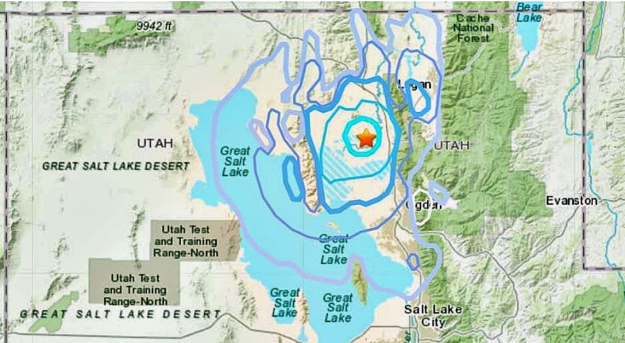 A map of northern Utah showing an earthquake radius with the center slightly east of the Great Salt Lake.