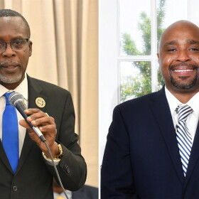 Senator Marvin Blyden, chair of the Committee on Housing, Transportation and Telecommunications, left, and Derek Gabriel, executive director of the Virgin Islands Housing Finance Authority.