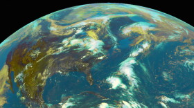 A portion of a GOES-EAST composite satellite image in visible and infrared light, centered on the U.S. East Coast.