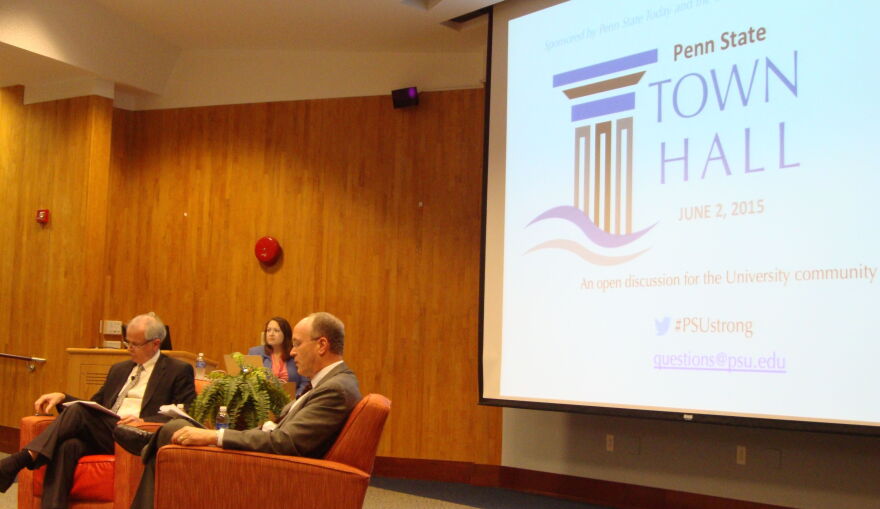 Executive Vice President and Provost Nick Jones and Senior Vice President for finance and business David Gray speak with Penn State staff and faculty.